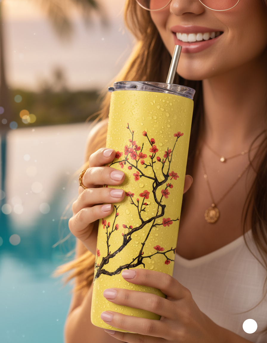 Japanese Cherry Blossom Insulated Stainless Steel Tumbler with Straw - 750ml