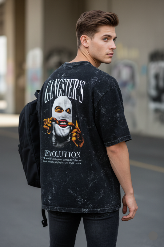 Acid Wash T-Shirt – “Gangster” Graphic Vintage Streetwear Tee for Men